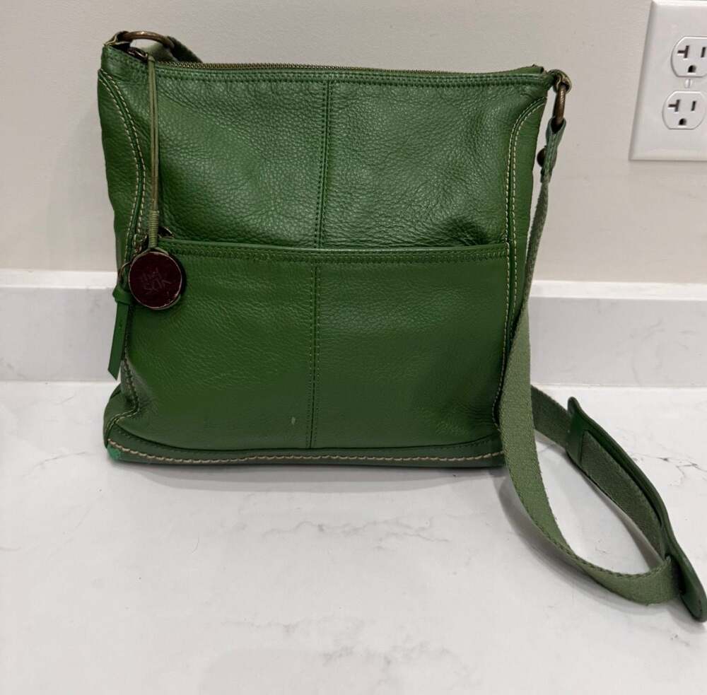 The Sak Lucia Green Pebbled Leather Messenger Crossbody Bag